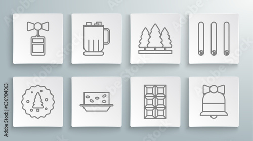 Set line Cookie or biscuit with chocolate, Nougat nuts, Chocolate bar, Merry Christmas ringing bell, trees, Three rolled sticks of cinnamon and Price tag an inscription Sale icon. Vector
