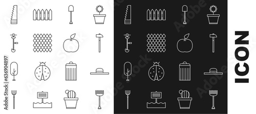 Set line Garden rake, Worker hat, Hammer, Shovel, fence wooden, Grass and weed electric string trimmer, saw and Apple icon. Vector