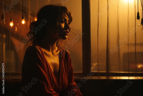 In a room bathed in an orange glow, a solitary woman finds respite by a window, casting contemplative shadows and radiating a serene warmth.