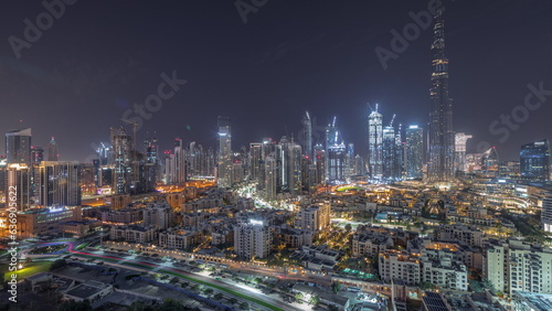 Dubai Downtown all night timelapse with tallest skyscraper and other towers