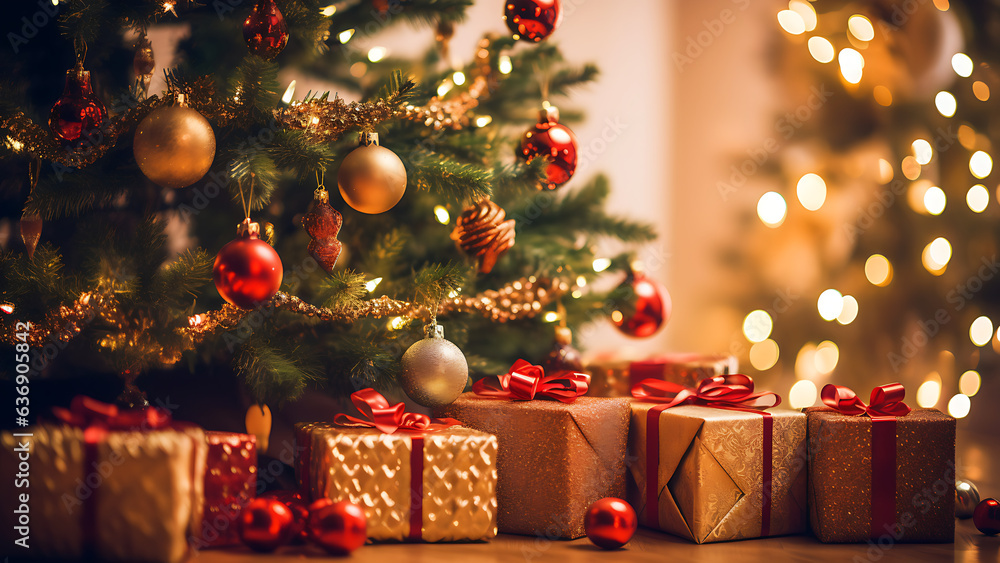 Christmas tree, background with twinkling lights and gifts. Christmas tree, background with twinkling lights and gifts.