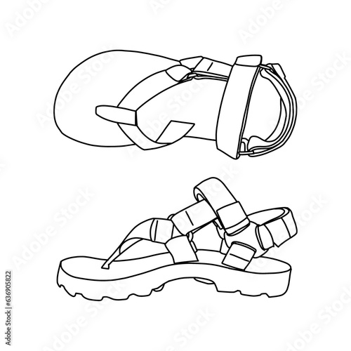 Technical sketch drawing of Men's Sandals vector template model 2 in top and side view, isolated on white background,suitable for your custom Men's Sandals design editable color and stroke.