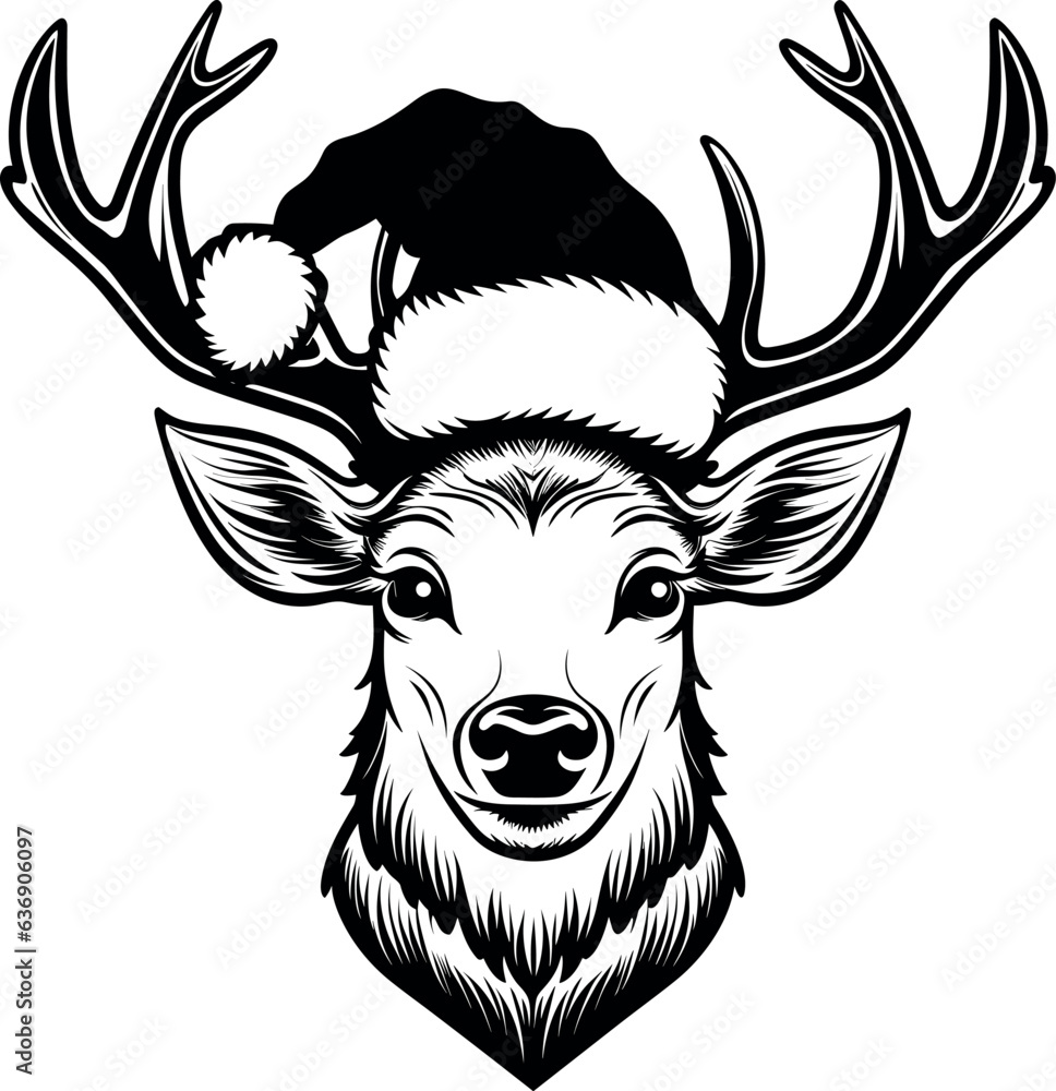 Christmas deer head, wears Christmas hat, black and white, vector, black outline, white background. Christmas deer head, wears Christmas hat, black and white, vector, black outline, white background.