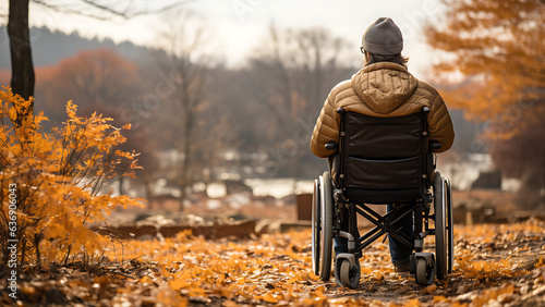 A man in a wheelchair is in an autumn park.