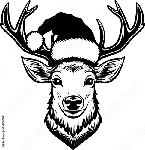 Christmas deer head, wears Christmas hat, black and white, vector, black outline, white background.
