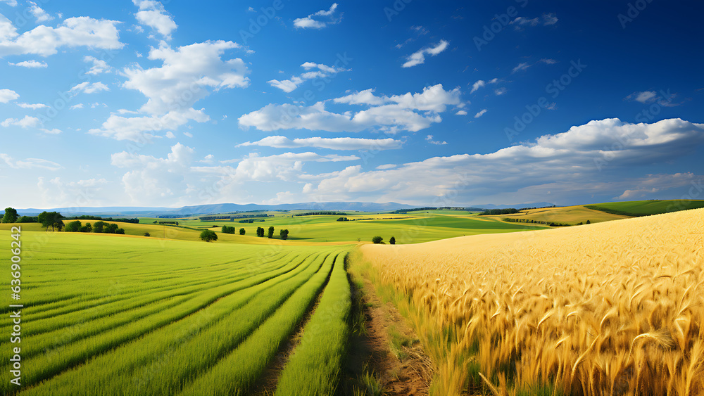 Fototapeta premium Colorful summer panorama of combination of yellow and green fields.