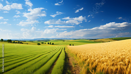 Colorful summer panorama of combination of yellow and green fields.