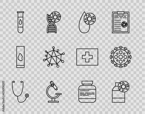 Set line Stethoscope, Bottle with virus, Blood test and, Microscope, Virus, Medicine bottle pills and icon. Vector