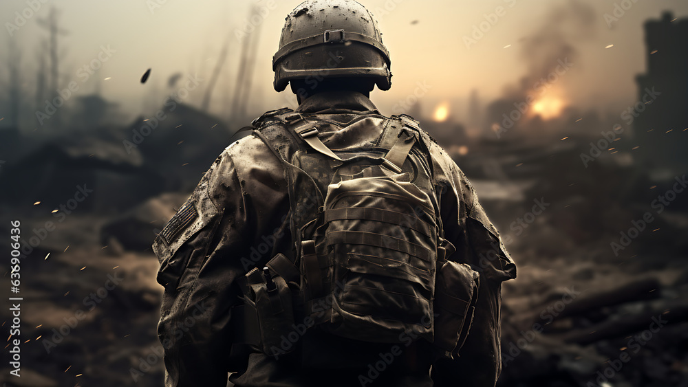 Soldiers are on the battlefield, with destroyed buildings in the background. Soldiers are on the battlefield, with destroyed buildings in the background.