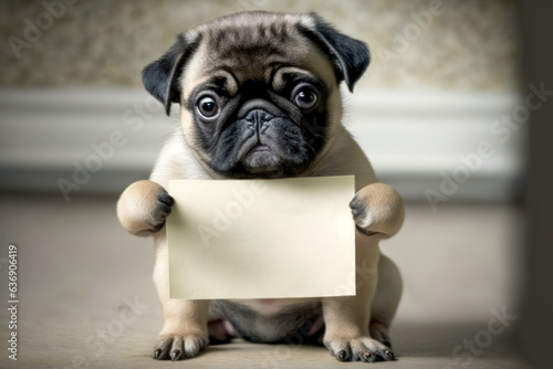 Message from the Dog. The pug puppy is holding a sign for you to write your message on. Generative AI