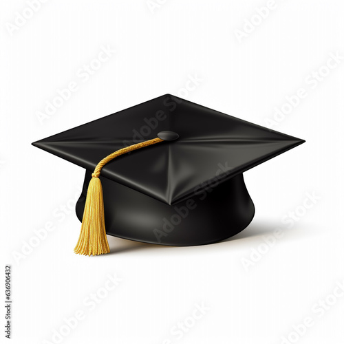 3D realistic black Graduation university or college. Gold cap. Graduate college, high school, Academic, or university cap. Golden Hat for degree ceremony with Ai