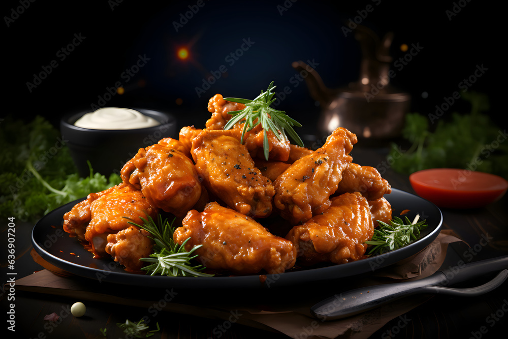 A platter of spicy buffalo wings. Promotional commercial photo A platter of spicy buffalo wings. Promotional commercial photo