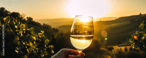Captivating hand holding white wine glass against lush, rolling vineyards bathed in warm sunset glow, an elegant and scenic display of relaxation.