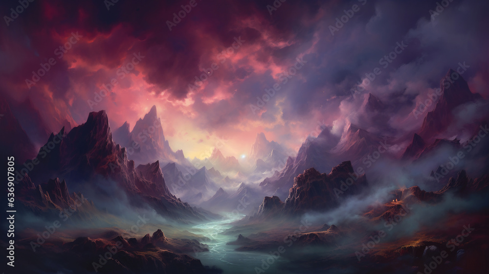 sunset in the fantasy mountains. Generative Ai