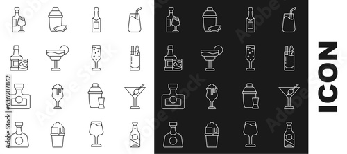 Set line Beer bottle, Martini glass, Cocktail Bloody Mary, Champagne, Whiskey and, Wine with and Glass of champagne icon. Vector