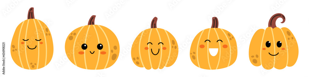 Vector cute halloween or thanksgiving pumpkin set. Collection of kawaii happy halloween pumpkins. Laughing pumpkins with cute faces. Funny smiling pumpkins for halloween or thanksgiving celebration. - obrazy, fototapety, plakaty 