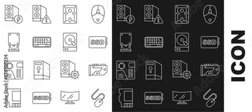 Set line Computer mouse, Video graphic card, SSD, Hard disk drive HDD, Keyboard, Optical disc, Case of computer and icon. Vector