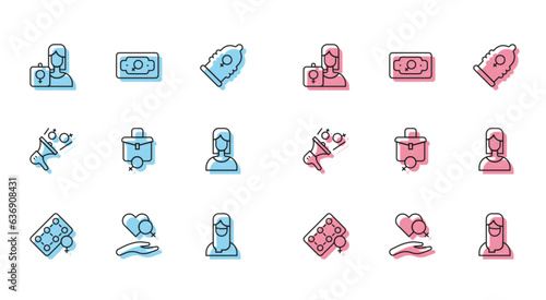 Set line Packaging of birth control pills, Heart with female gender, Feminist activist, Muslim woman hijab, Work for, Female, and Money growth icon. Vector