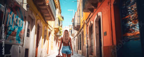Sun-kissed, confident woman in vibrant blue shorts with suitcase, strolling along a quaint street of colorful buildings. Elegant anonymity for any summer travel inspiration. © XaMaps