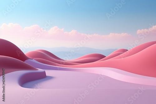 in the middle of pink landscape  there is a road and clouds 3d scene  in the style of futuristic chromatic waves  light violet and beige  smooth curves  realistic blue skies