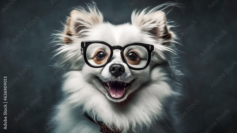 happy and funny Pomeranian dog spitz pom with glasses. smiling pomeranian white dog wearing eyeglasses on dark background. generative ai