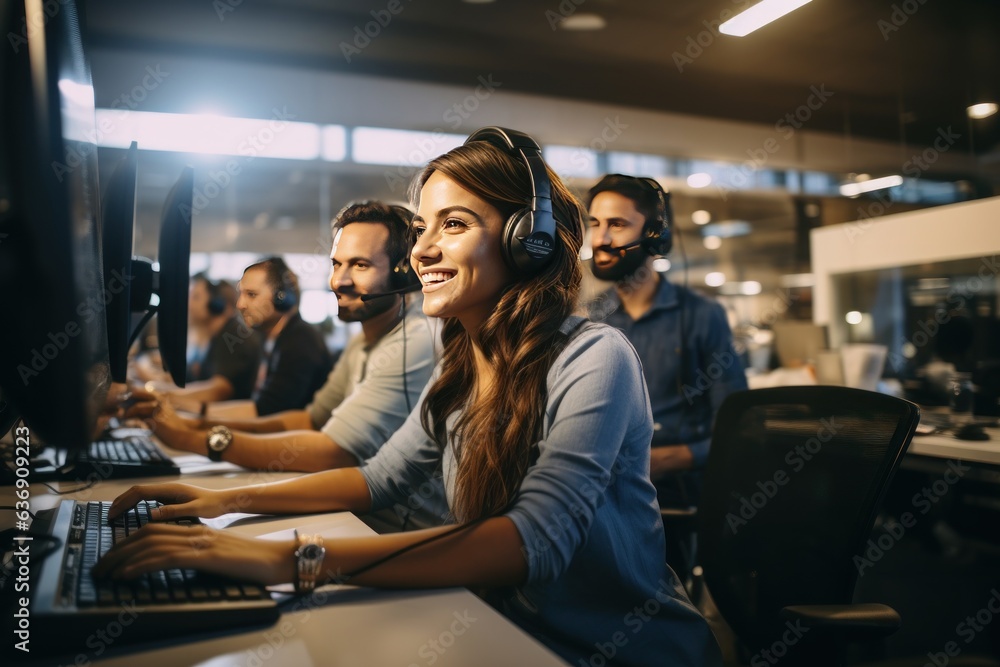 Smiling employee wearing wireless headphones talking on computer hands on keyboard in bright office - obrazy, fototapety, plakaty 