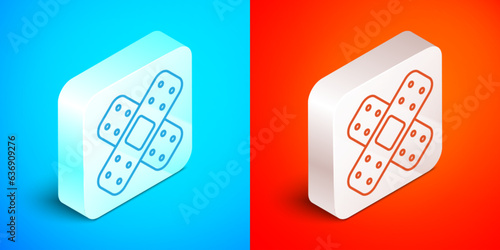 Isometric line Crossed bandage plaster icon isolated on blue and red background. Medical plaster, adhesive bandage, flexible fabric bandage. Silver square button. Vector