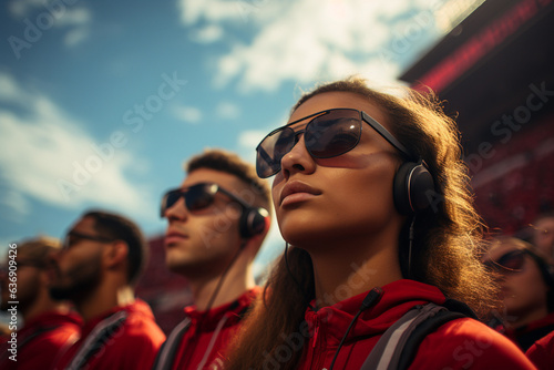 Team in sunglasses and headphones stands together on stadium