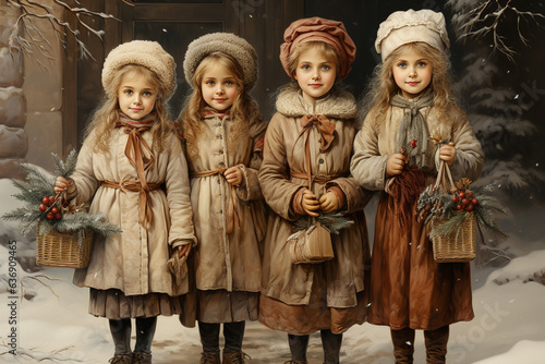 Illustration of four girls in vintage clothes in winter and Christmas time, greeting card