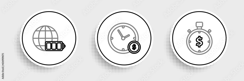 Set line Time is money, Battery charge level indicator with earth globe and icon. Vector