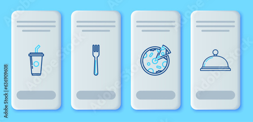 Set line Fork, Pizza, Paper glass with drinking straw and water and Covered tray of food icon. Vector