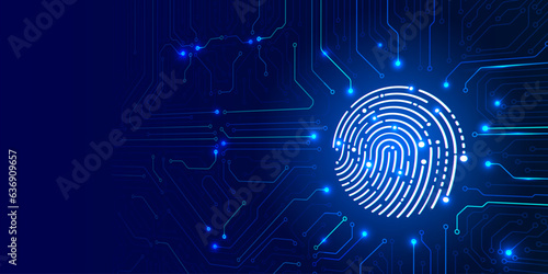 Technology futuristic cyber security with fingerprint scanning on circuit board data communication or transferring concept vector background.