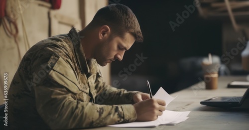 Soldier writing a letter amidst war.