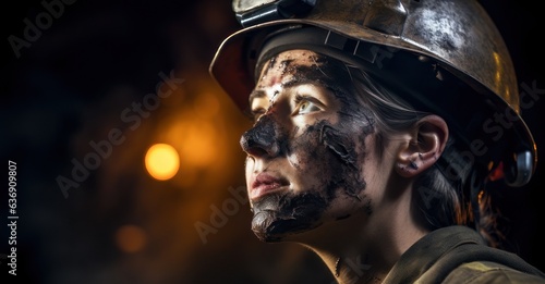 Raw female miner emerges from coal mine depths.