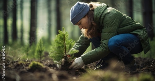 Serene female forester plants saplings in woodland. photo