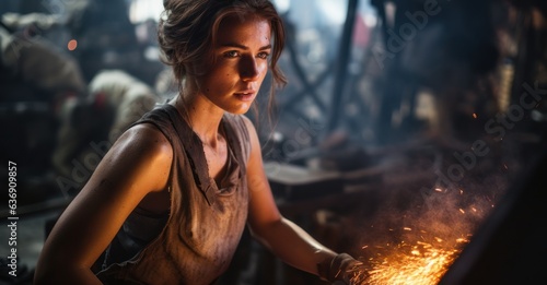 Female blacksmith forging metal, sparks flying.