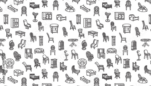 Furniture seamless pattern with black outlines on a white background.