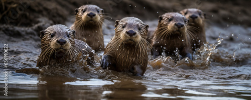 Enchanting group of otters joyfully sliding down a muddy hill into a sparkling river, captured in dreamy sunlight. Emphasizes pure animal happiness. © XaMaps
