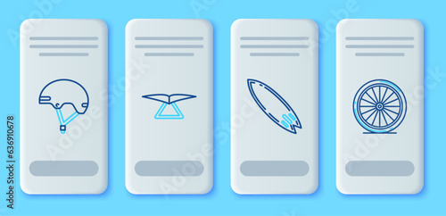 Set line Hang glider, Surfboard, Helmet and Bicycle wheel icon. Vector