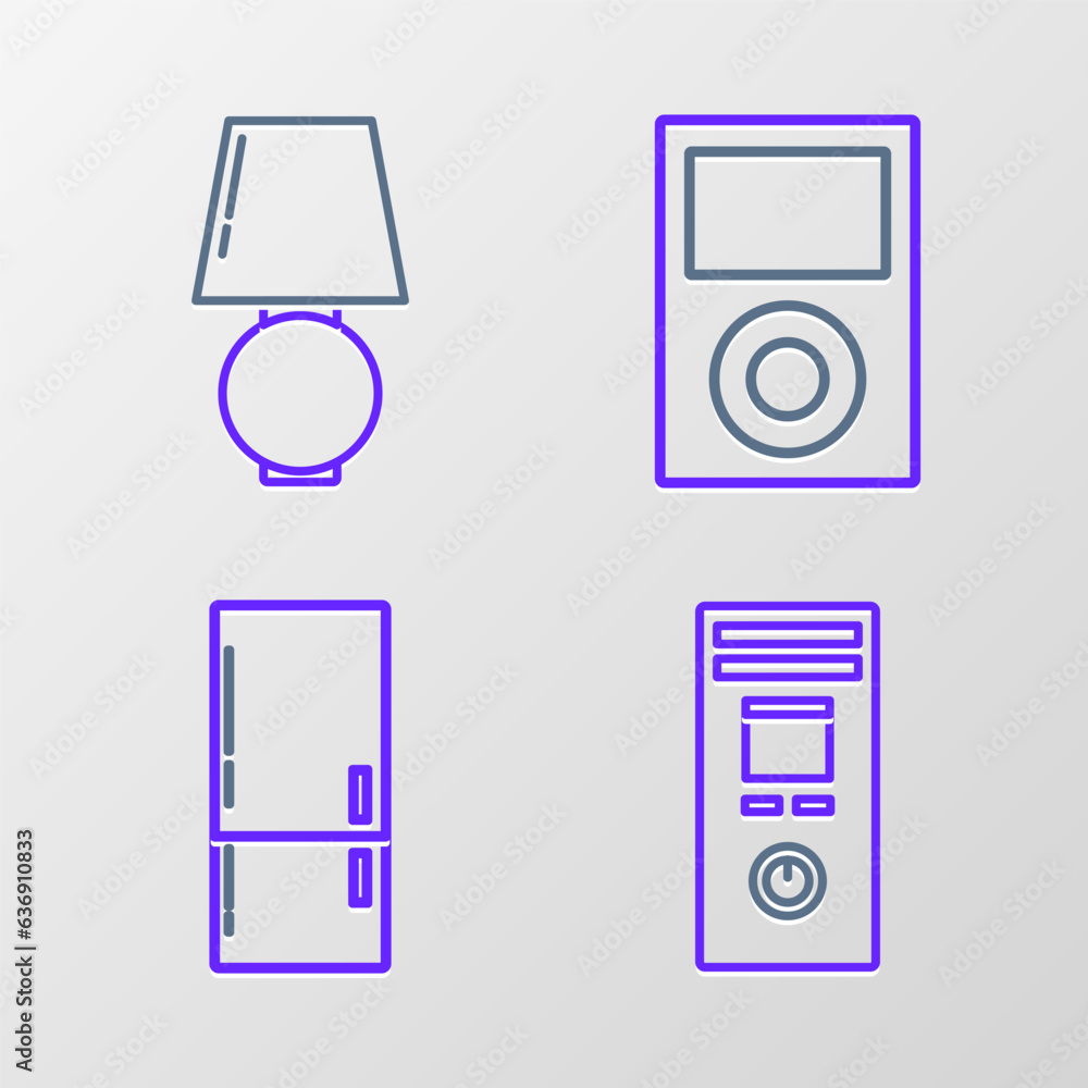 Set line Remote control, Refrigerator, Music player and Table lamp icon. Vector Set line Remote control, Refrigerator, Music player and Table lamp icon. Vector