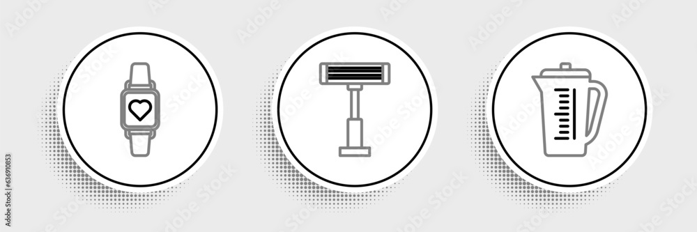 Set line Measuring cup, Smart watch showing heart beat rate and Electric heater icon. Vector Set line Measuring cup, Smart watch showing heart beat rate and Electric heater icon. Vector