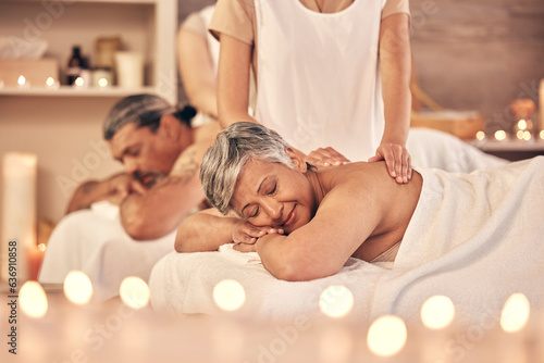 Luxury, massage and zen with old couple in spa for vacation, relax and beauty salon. Peace, wellness and holiday with senior woman and man in hotel villa for retirement, oil treatment and body care