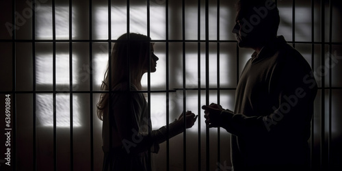Haunting black and white silhouette of a couple behind prison bars, a compelling symbol of unseen daily domestic manipulation and mental imprisonment.