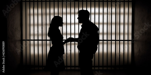 Provocative silhouette of a couple behind prison bars, symbolizing the mental entrapment by an abusive man on his wife.