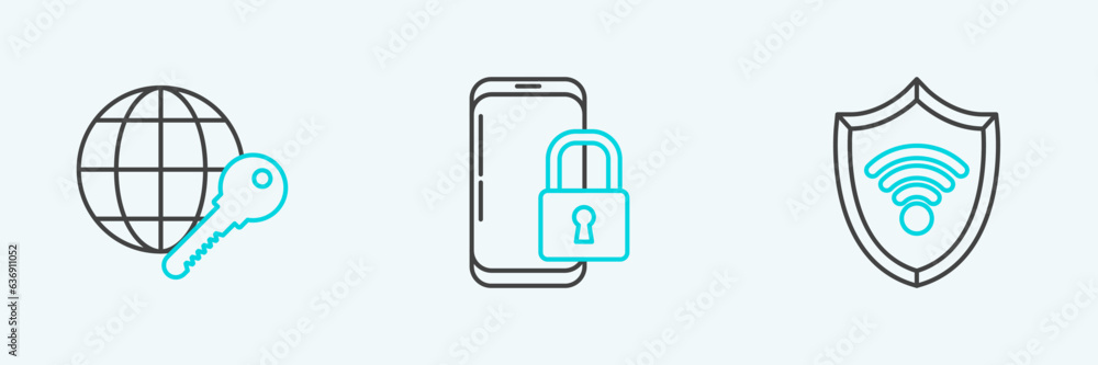 Set line Shield with WiFi wireless internet network, Globe key and Smartphone closed padlock icon. Vector Set line Shield with WiFi wireless internet network, Globe key and Smartphone closed padlock icon. Vector