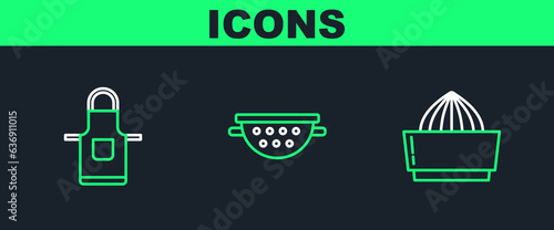 Set line Citrus fruit juicer, Kitchen apron and colander icon. Vector