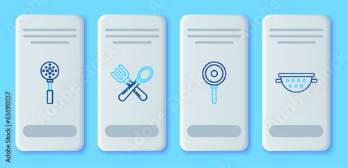 Set line Crossed fork and spoon, Frying pan, Spatula and Kitchen colander icon. Vector