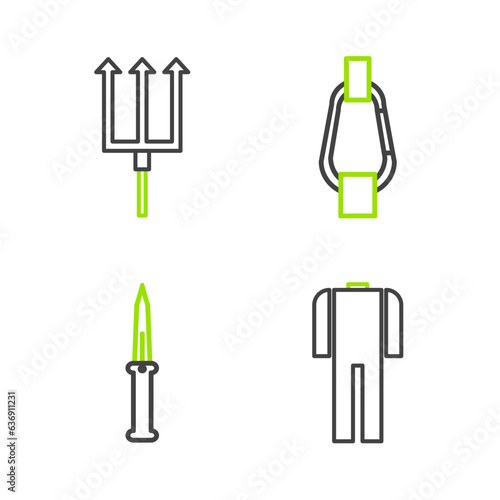 Set line Wetsuit for scuba diving  Army knife  Carabiner and Neptune Trident icon. Vector