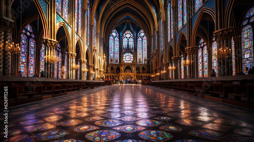 A breathtaking stained glass window in a cathedral, depicting intricate religious scenes and casting colorful patterns on the floor 