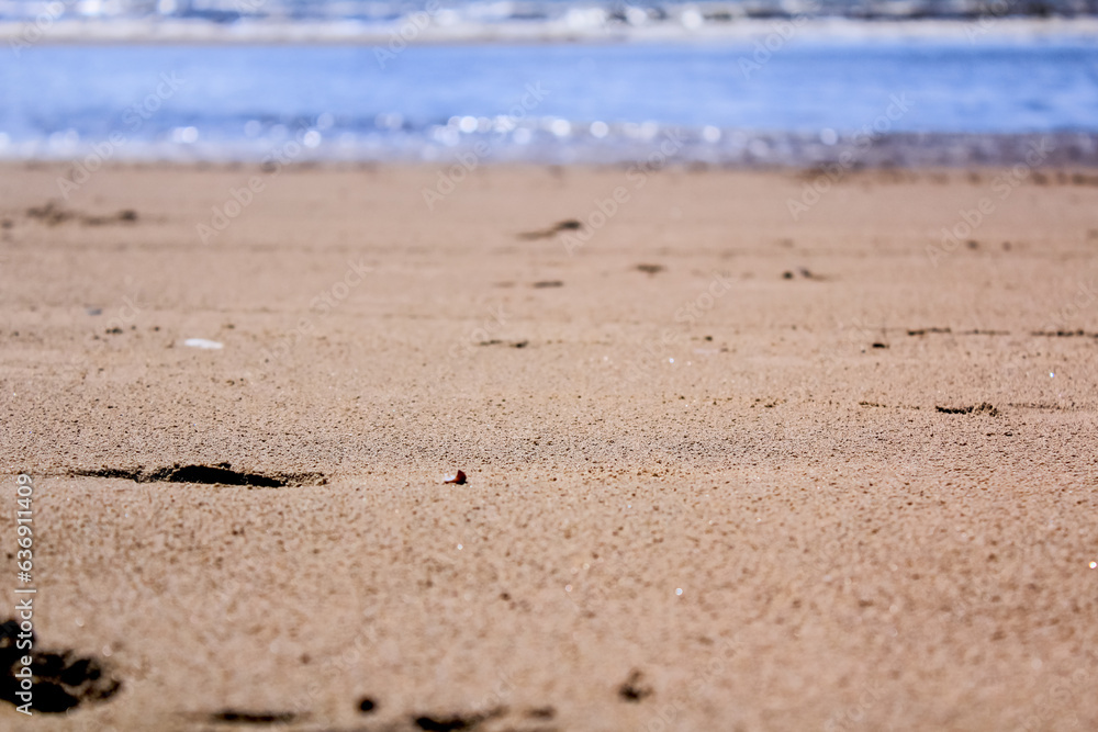 Focus of the sand as the foreground with the blurred sea view in the background in Crosby Beach in Liverpool, UK. City in Merseyside county of North West England. Travel and nature scene. Focus of the sand as the foreground with the blurred sea view in the background in Crosby Beach in Liverpool, UK. City in Merseyside county of North West England. Travel and nature scene.